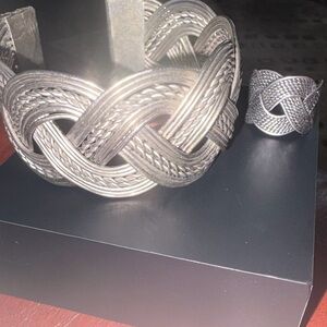 Elegant Silver Braided Ring and Bracelet